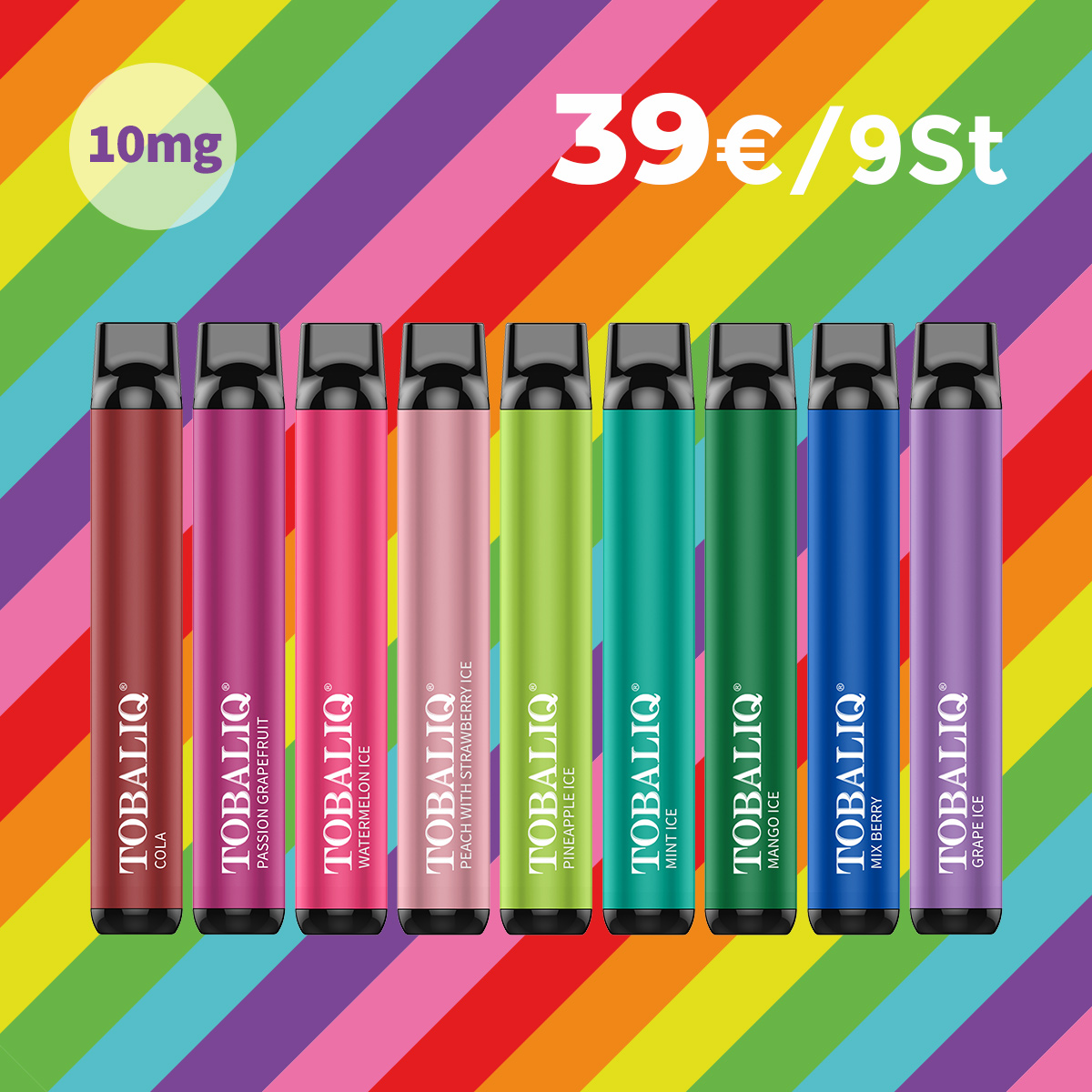 Rainbow Deal! TQ Smile 9x - 10mg Nikotin, 600 Puffs